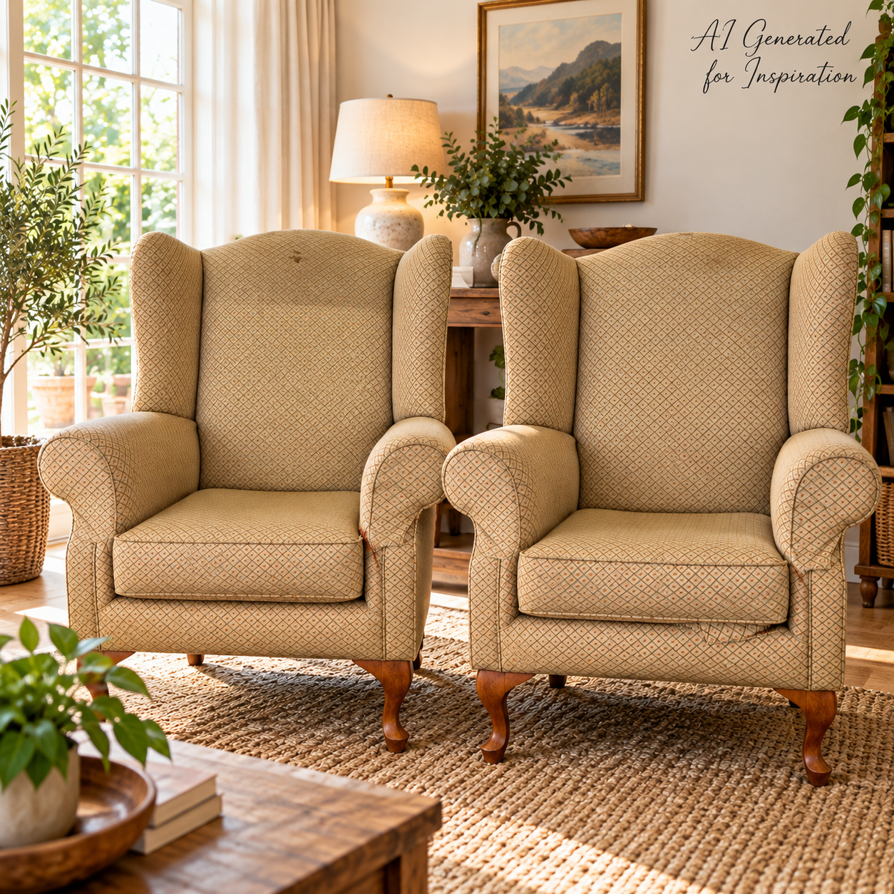 Classic Beige Patterned Wingback Armchairs – Pair