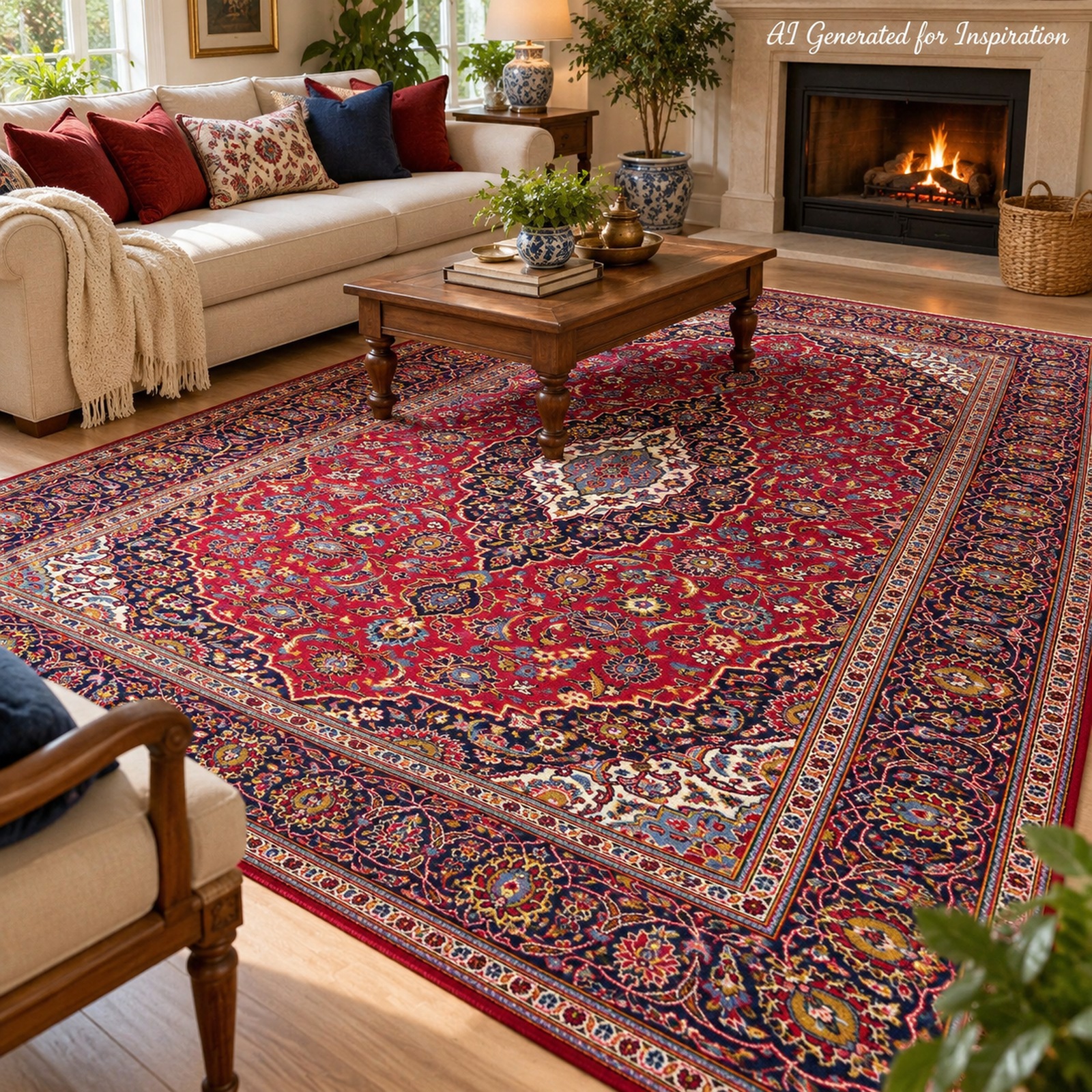 Traditional Persian-Style Red Floral Medallion Carpet