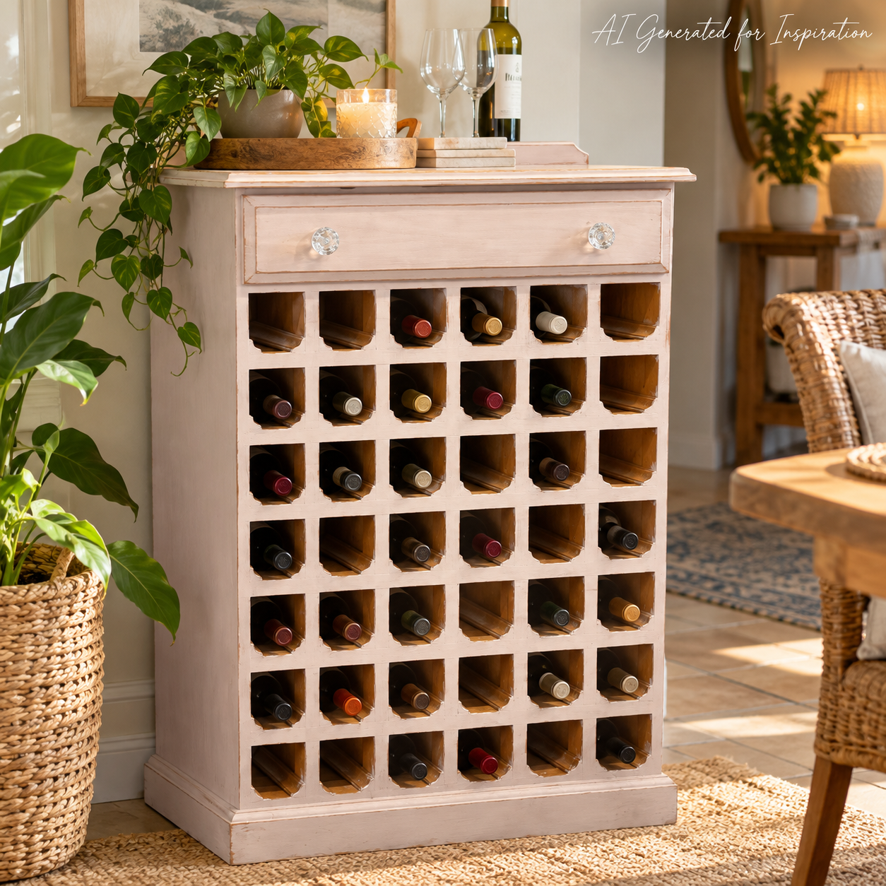 Shabby Chic Pink Wooden Wine Cabinet – 42 Bottles