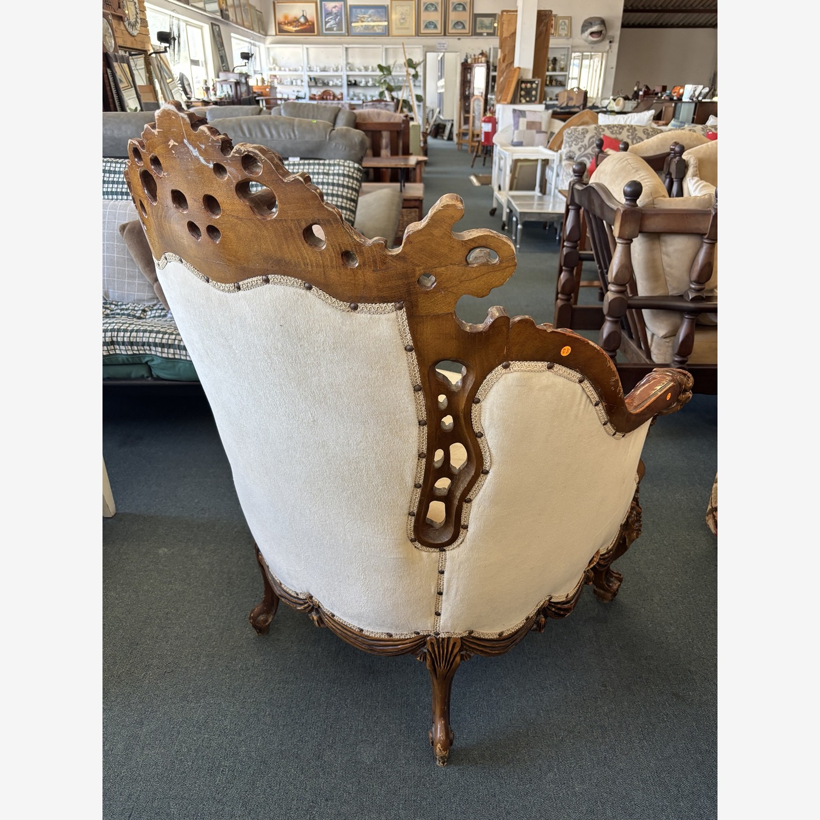 Ornately Carved Rococo Style Upholstered Armchair - Image 3