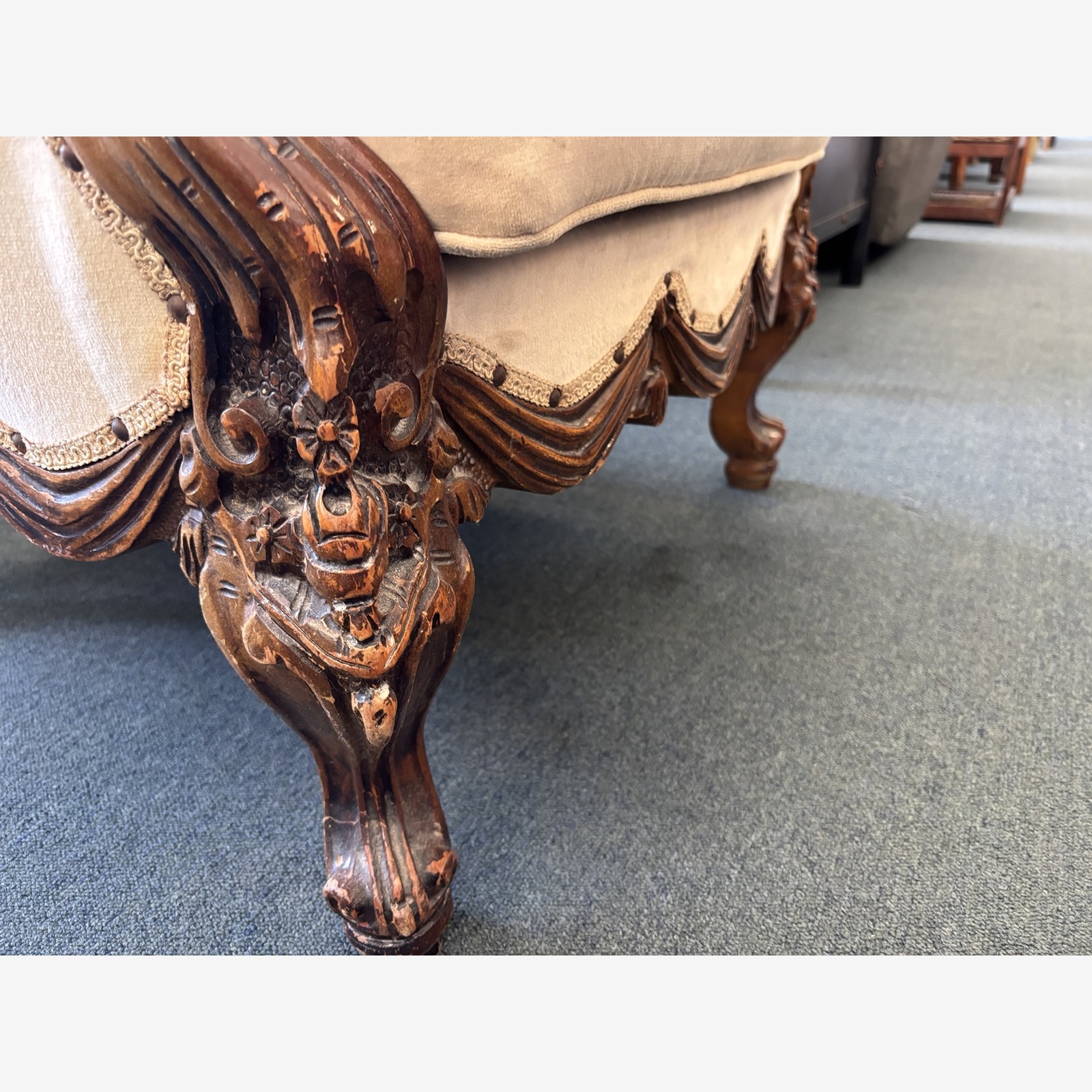 Ornately Carved Rococo Style Upholstered Armchair - Image 2