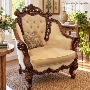 Ornately Carved Rococo Style Upholstered Armchair