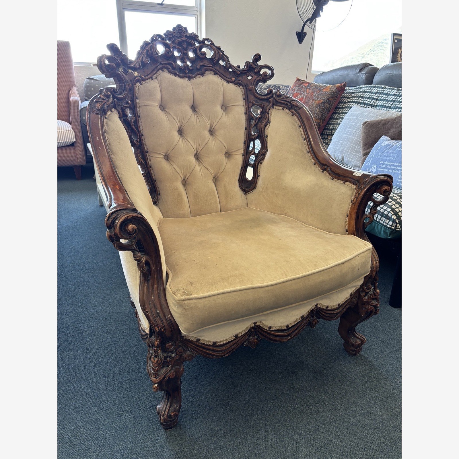 Ornately Carved Rococo Style Upholstered Armchair - Image 6
