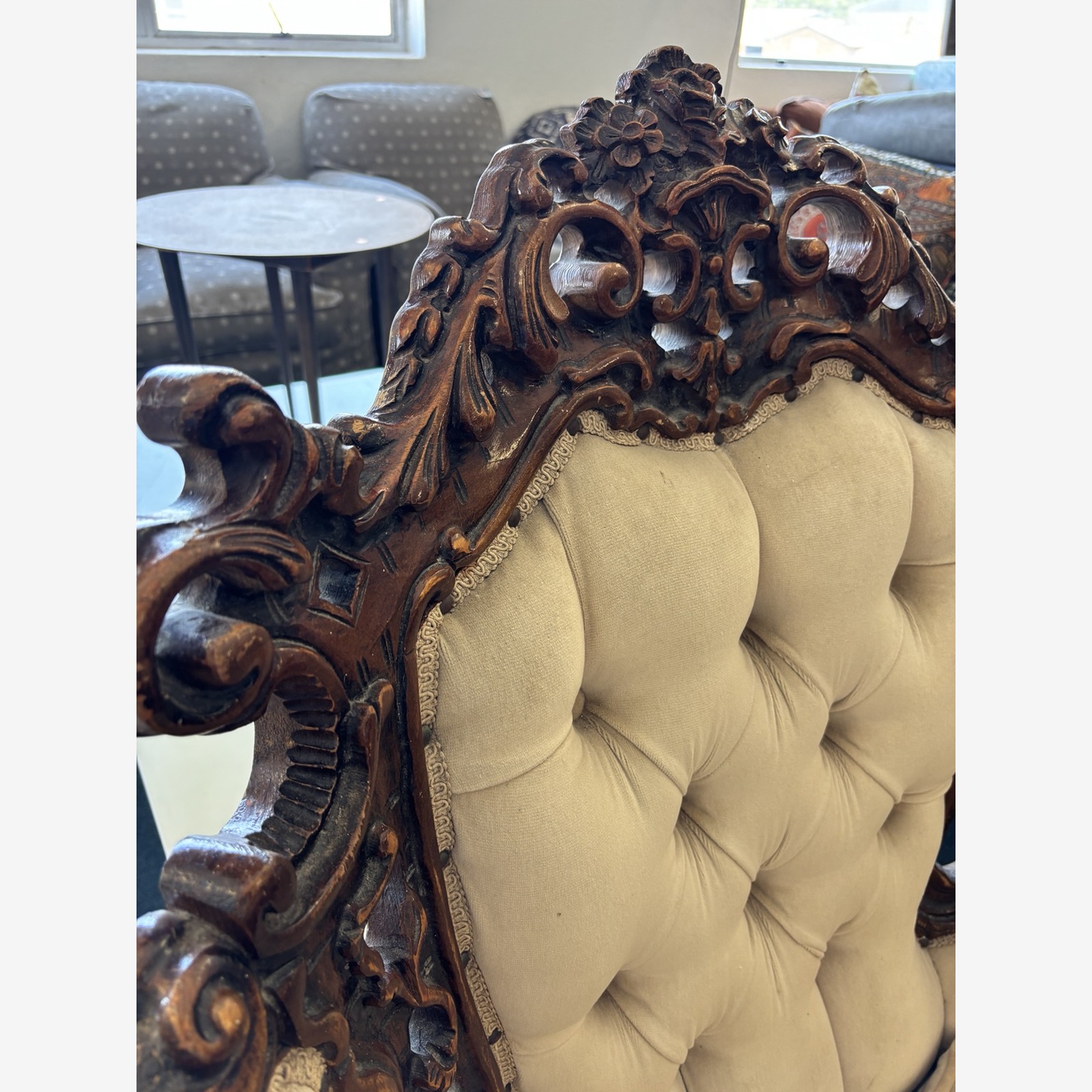 Ornately Carved Rococo Style Upholstered Armchair - Image 5