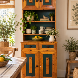 Rustic Pine Kitchen Dresser with Green Accents