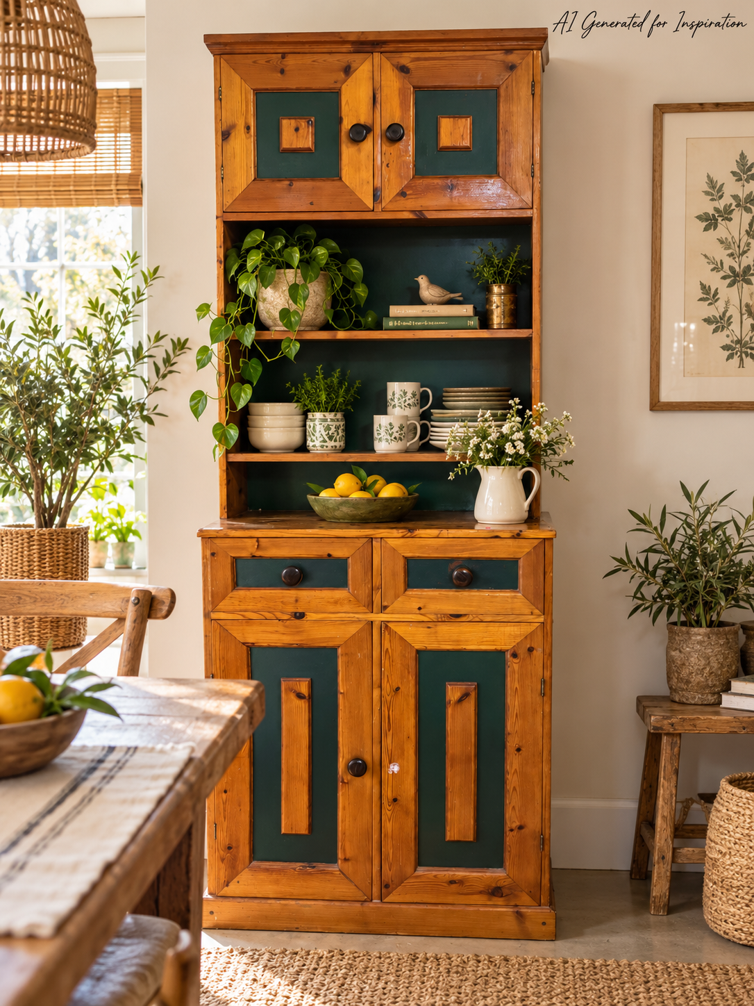 Rustic Pine Kitchen Dresser with Green Accents