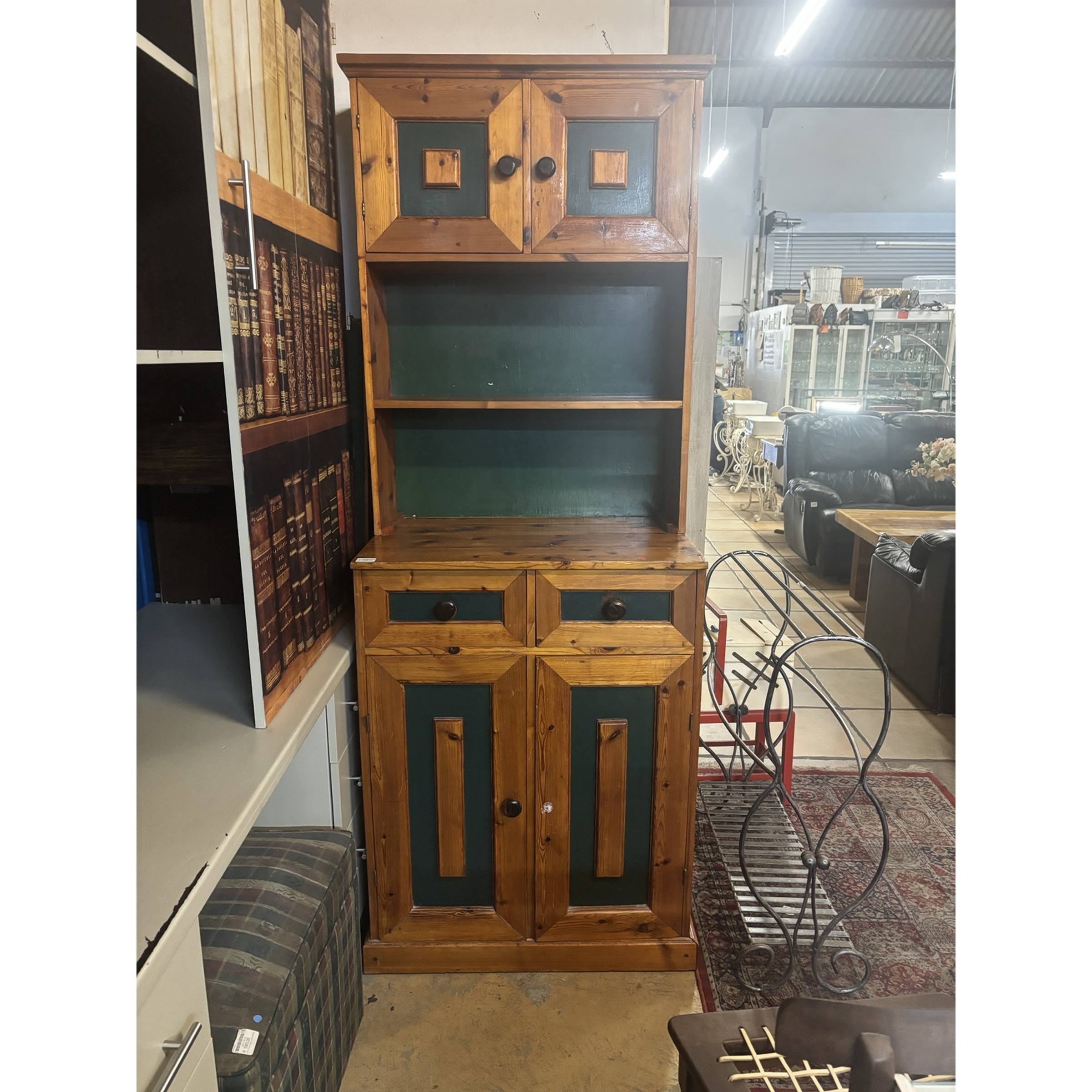 Rustic Pine Kitchen Dresser with Green Accents - Image 6