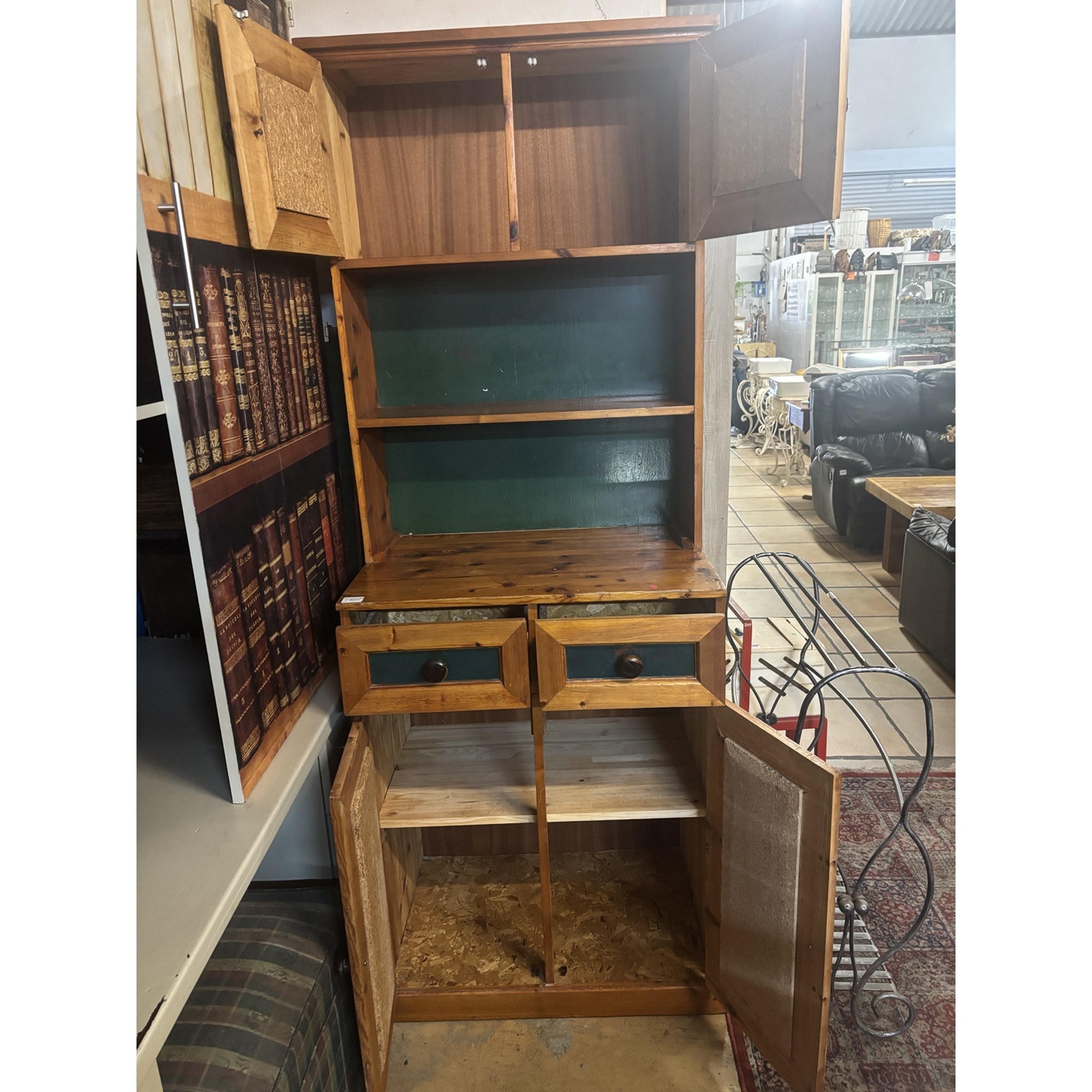 Rustic Pine Kitchen Dresser with Green Accents - Image 3