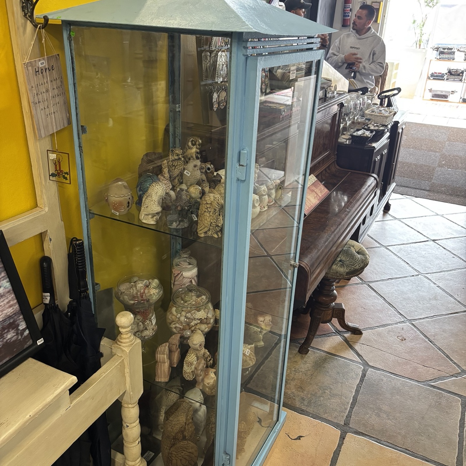 Tall Teal Metal & Glass Pagoda Style Display Curio Cabinet - Image 2