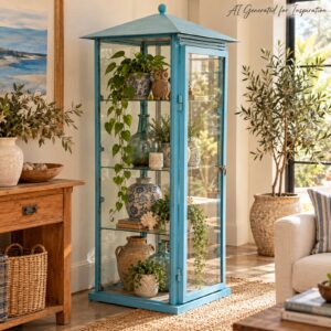 Tall Teal Metal & Glass Pagoda Style Display Curio Cabinet