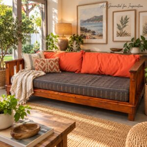 Solid Timber Daybed Sofa – Honey Finish with Cushions