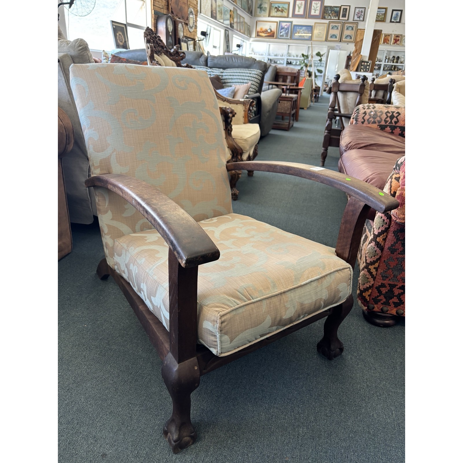 Vintage Wooden Ball & Claw Armchair – Upholstered - Image 6