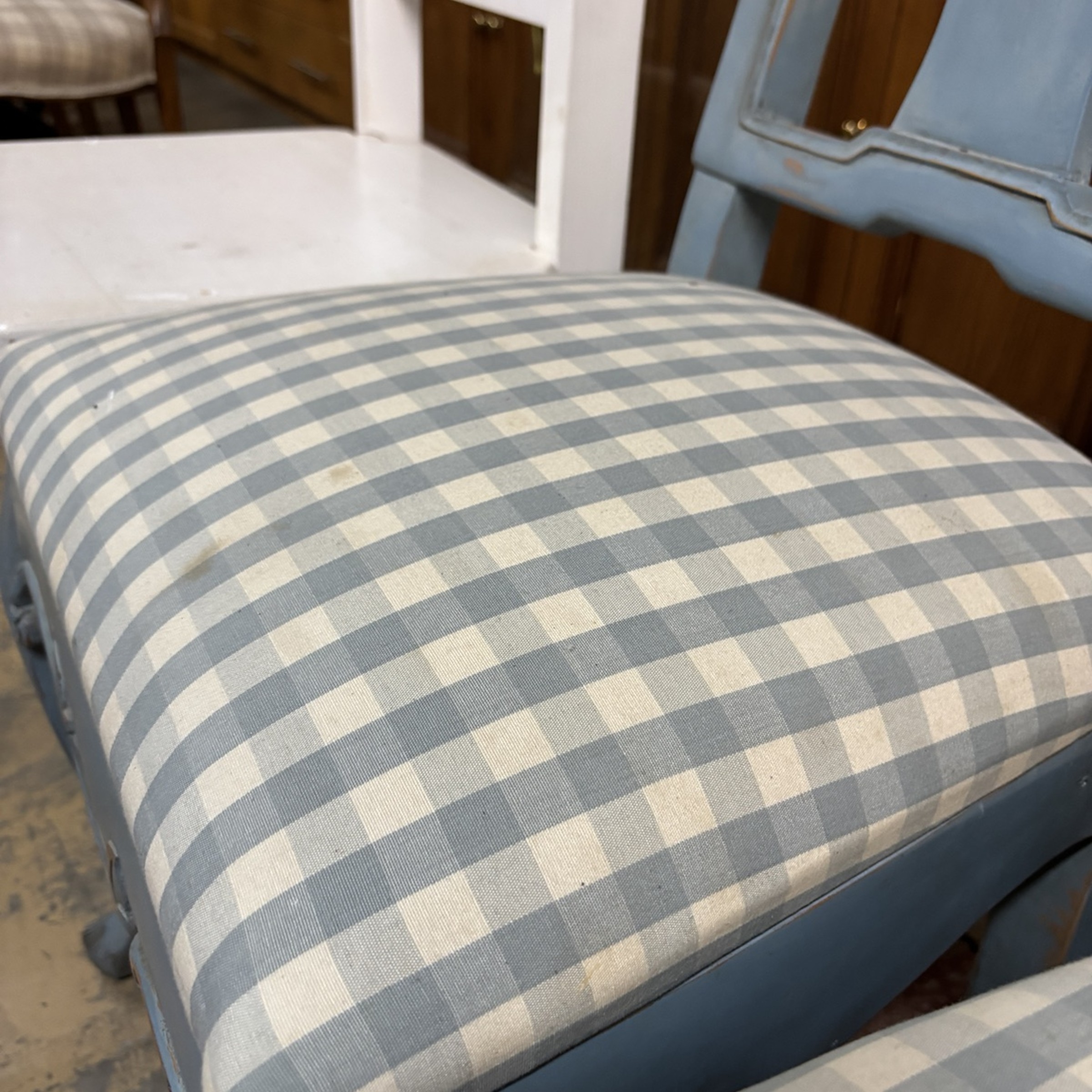 Pair of Ornate Vintage Blue Gingham Upholstered Chairs - Image 3