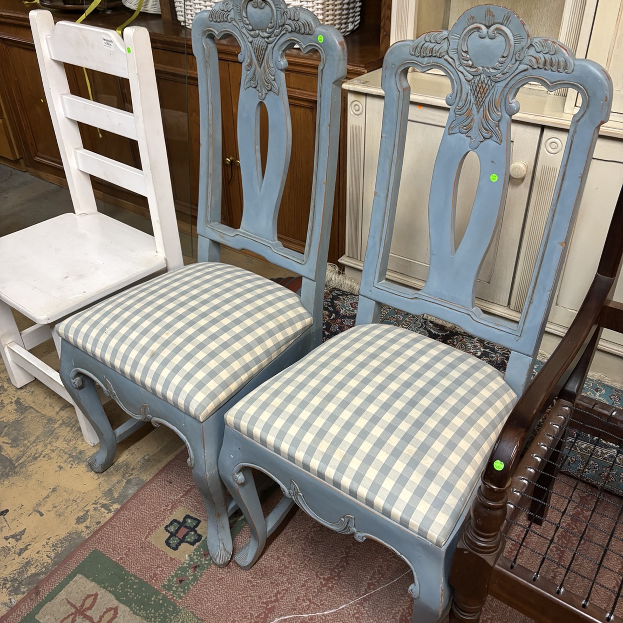 Pair of Ornate Vintage Blue Gingham Upholstered Chairs - Image 2