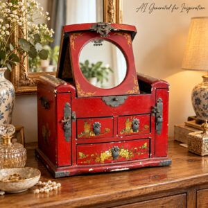 Vintage Chinese-Style Red Jewellery Cabinet with Mirror