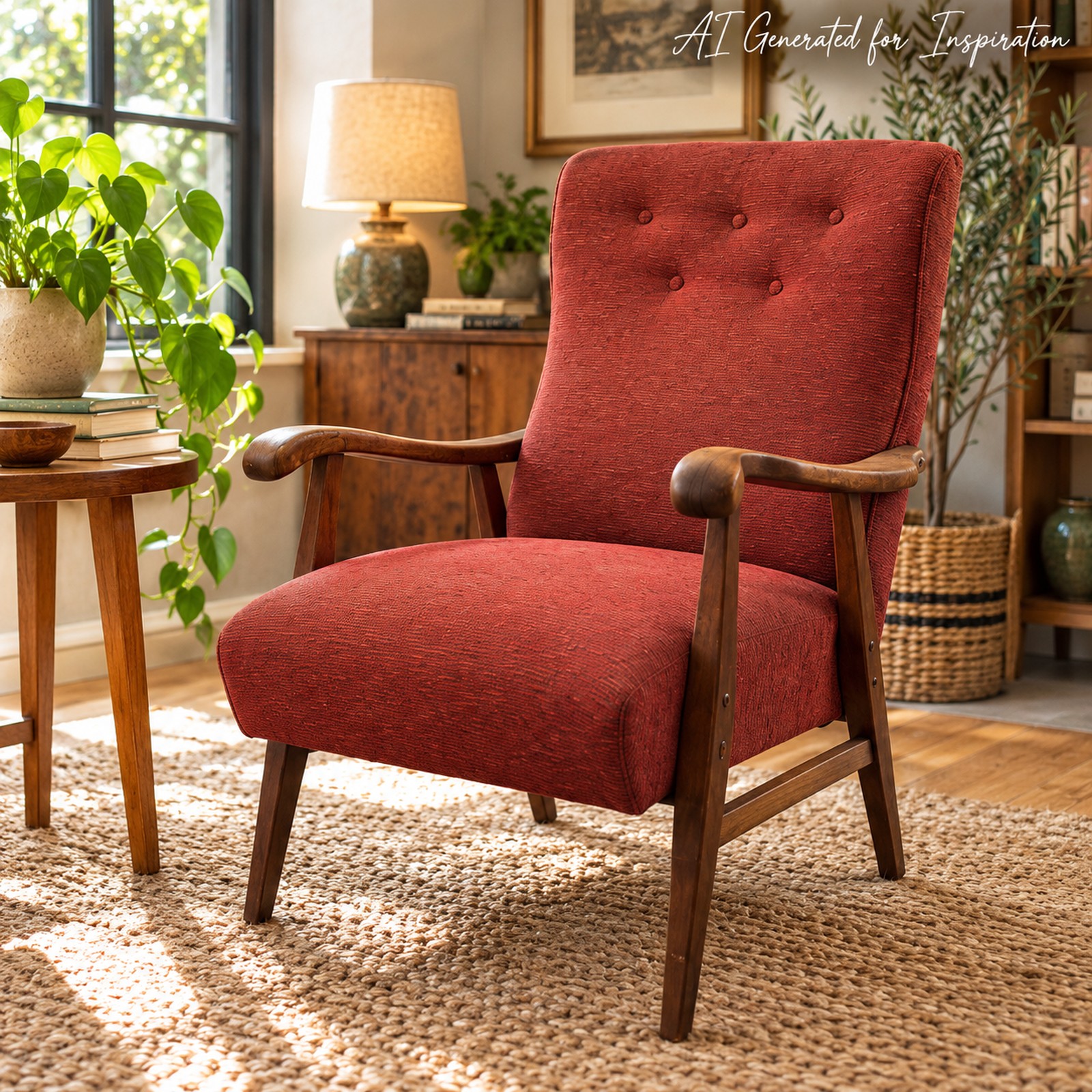 Vintage Wooden Armchair with Rust-Red Upholstery