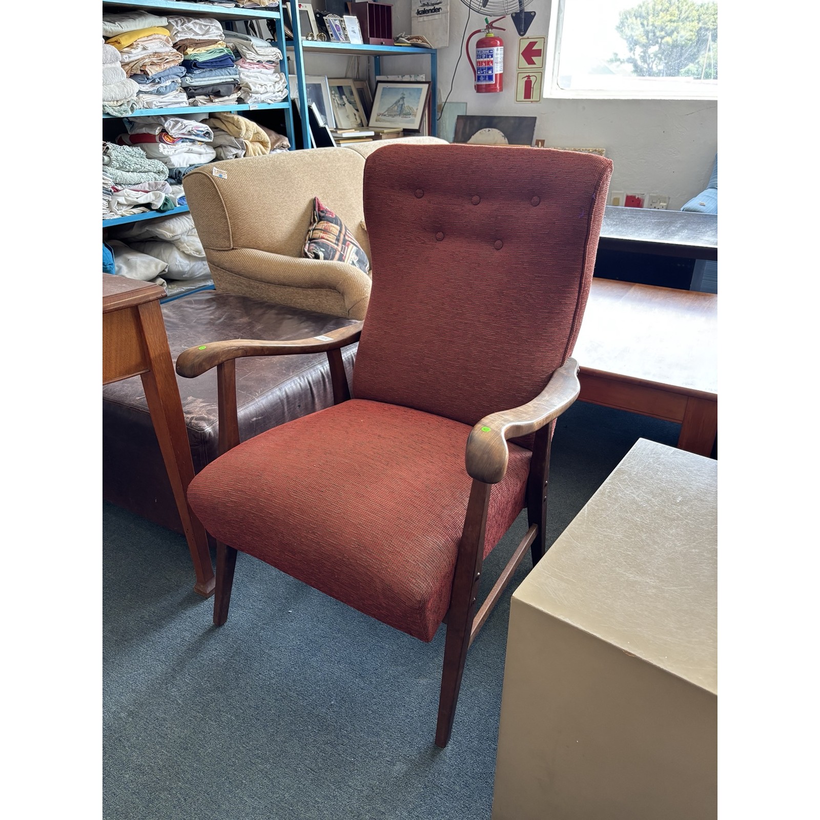 Vintage Wooden Armchair with Rust-Red Upholstery - Image 6