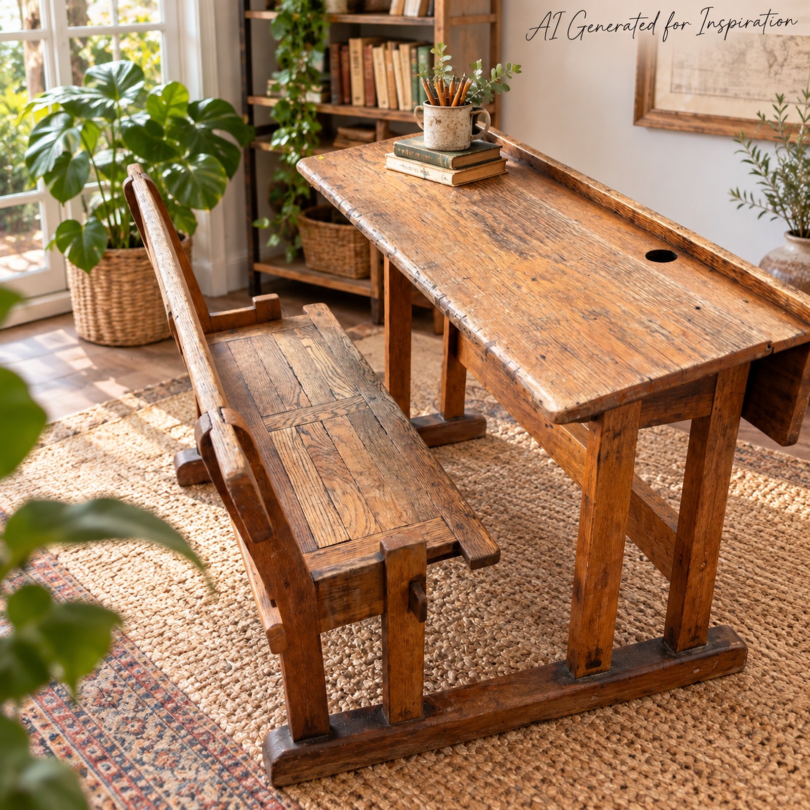 Vintage Wooden School Desk & Bench Set