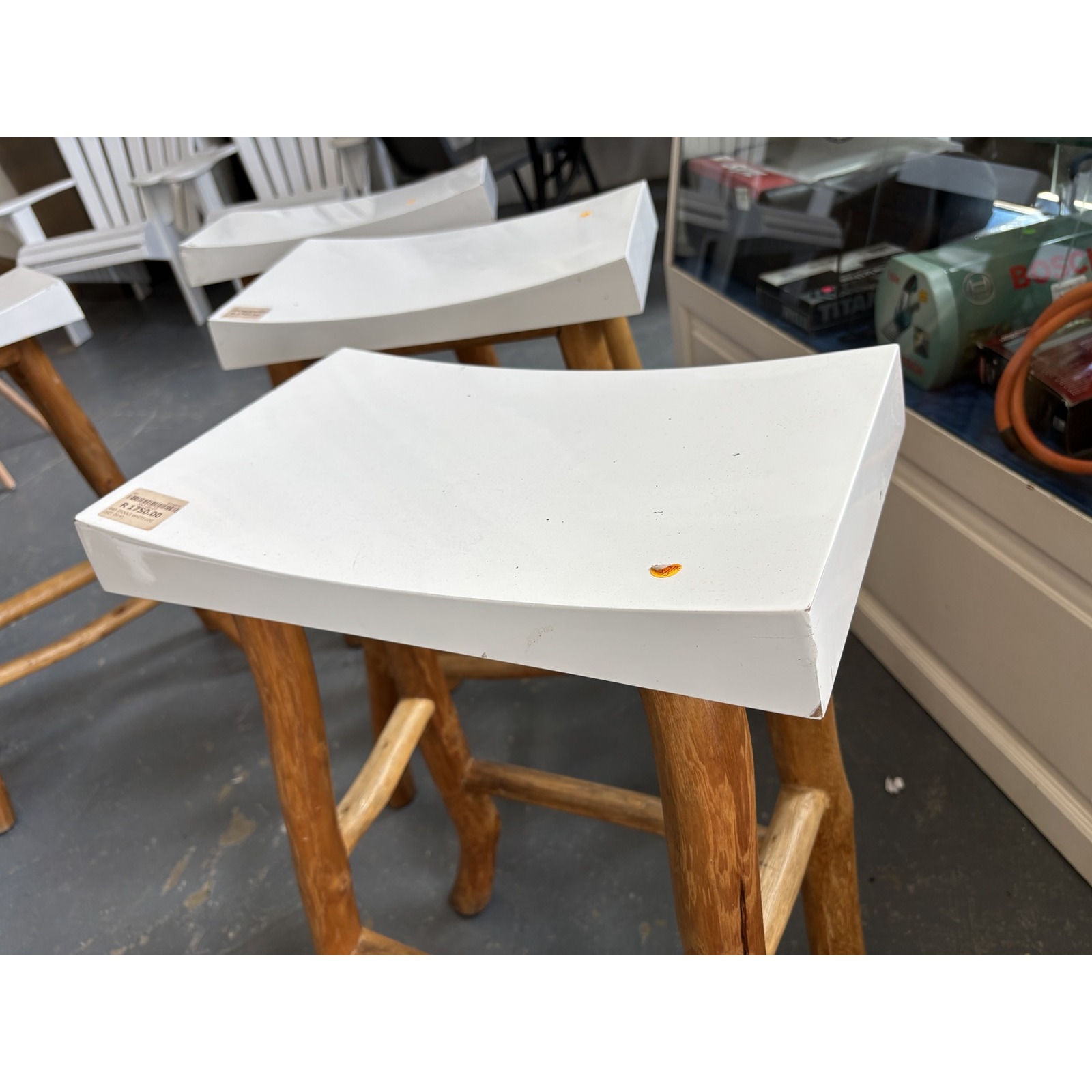 Set of 4 Rustic Timber Bar Stools with White Seats - Image 2