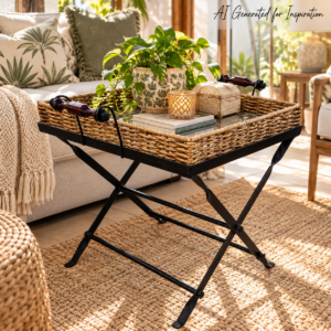 Elegant Woven Butler Tray Table with Glass & Metal Stand