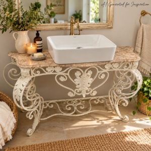 Ornate Wrought Iron Vanity with Marble Top & Basin