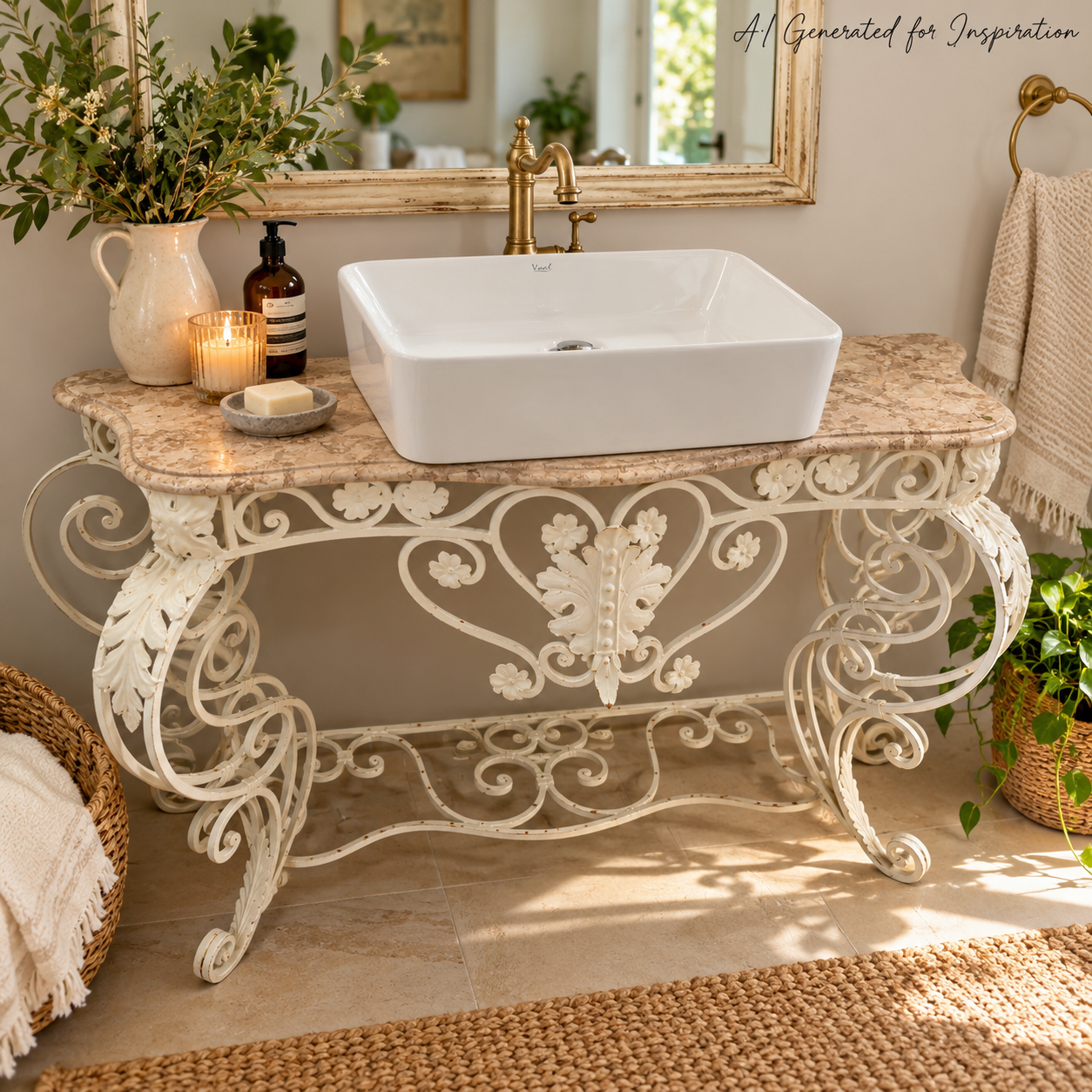 Ornate Wrought Iron Vanity with Marble Top & Basin