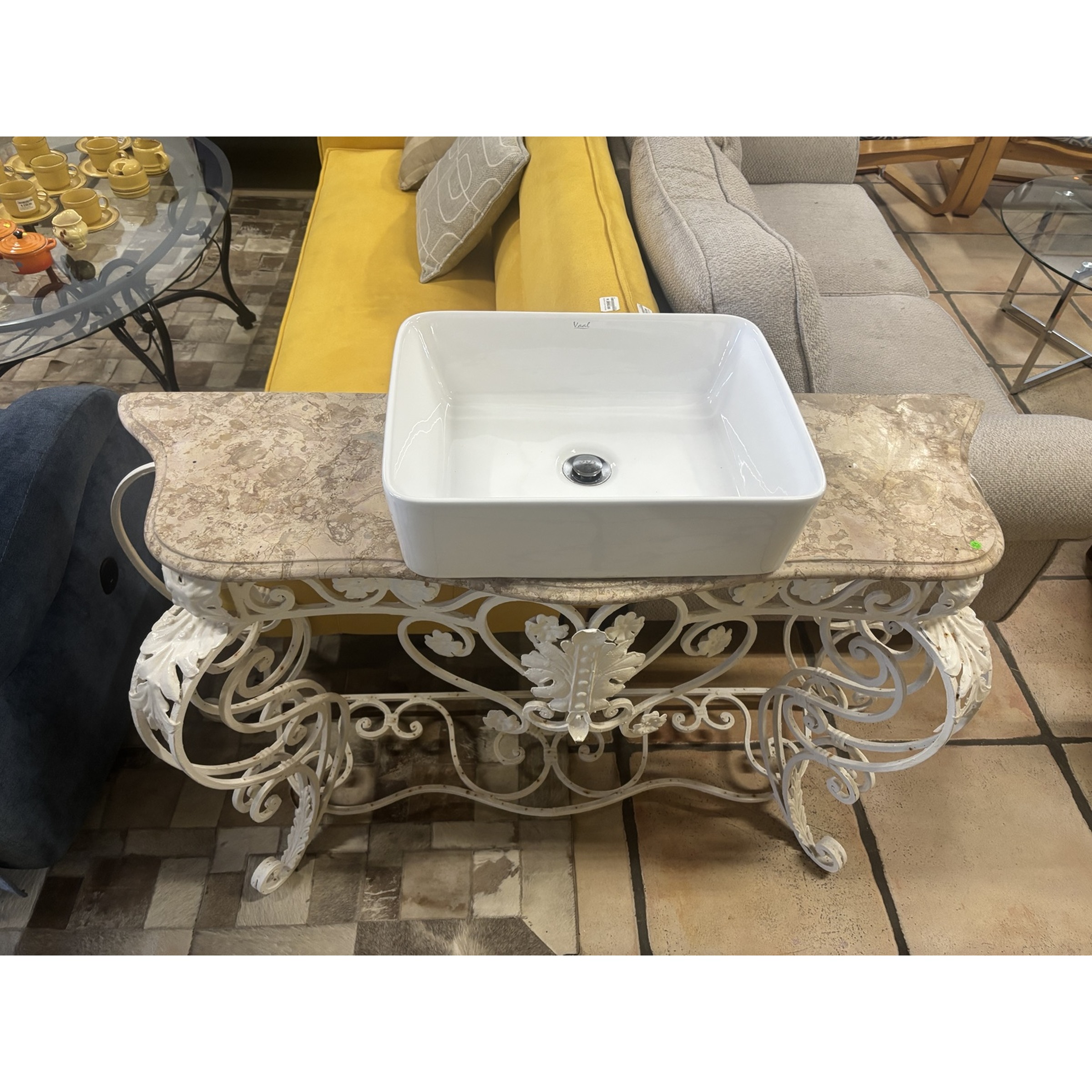 Ornate Wrought Iron Vanity with Marble Top & Basin - Image 3