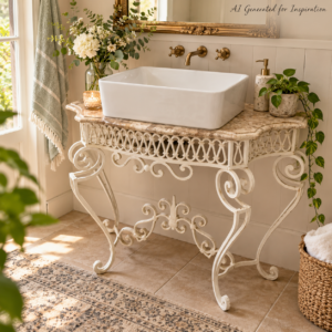 Ornate Wrought Iron Vanity with Marble Top & Basin