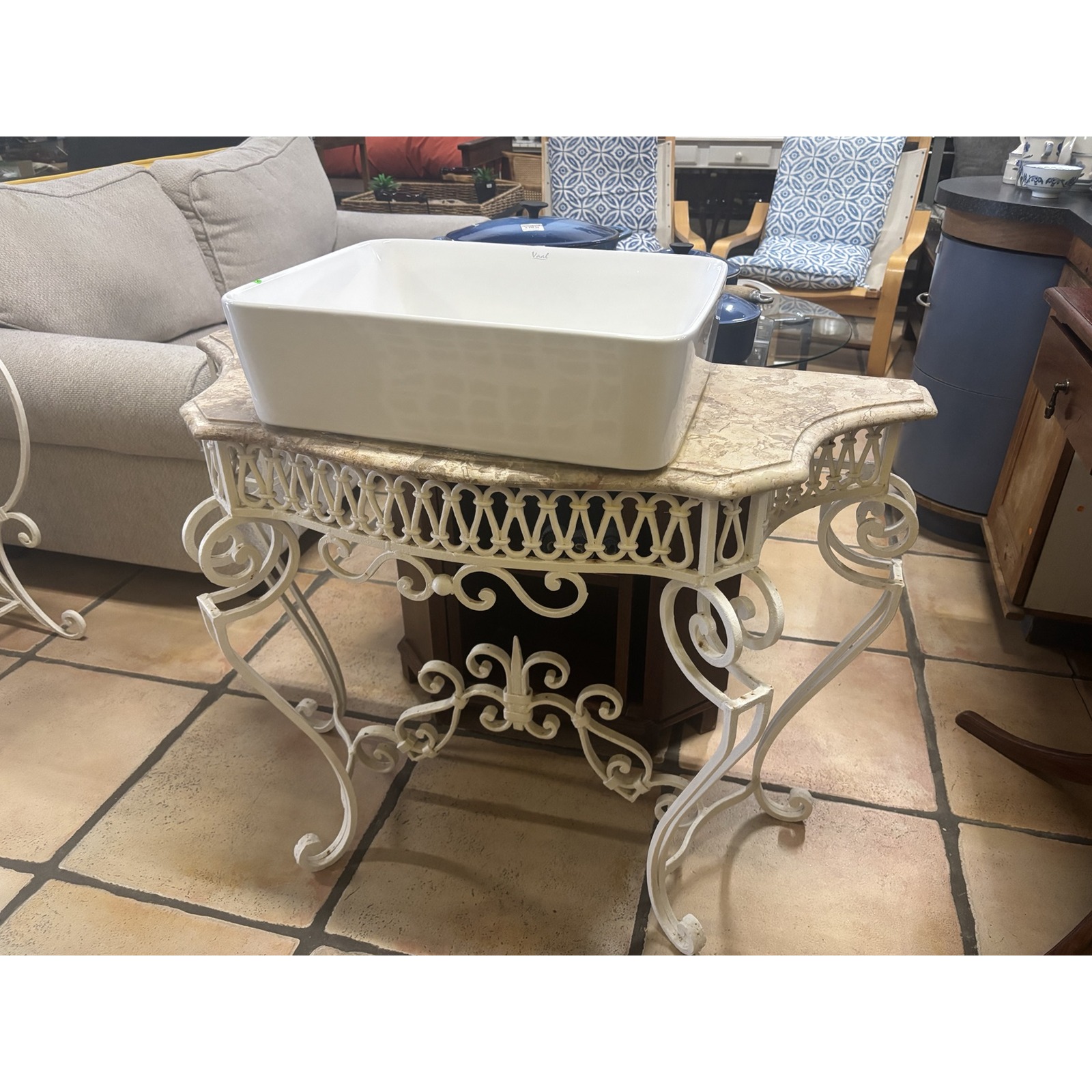 Ornate Wrought Iron Vanity with Marble Top & Basin - Image 2
