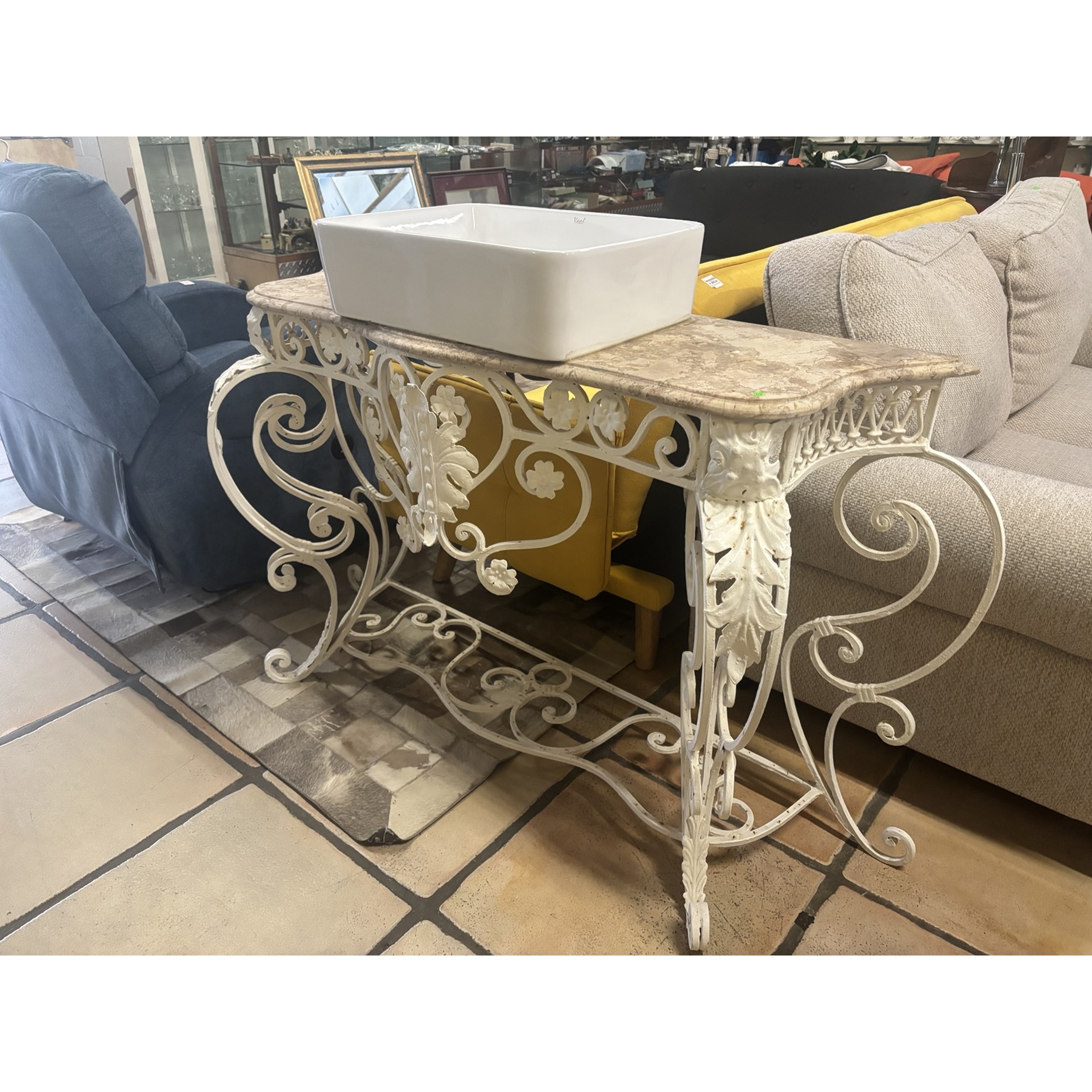 Ornate Wrought Iron Vanity with Marble Top & Basin - Image 2